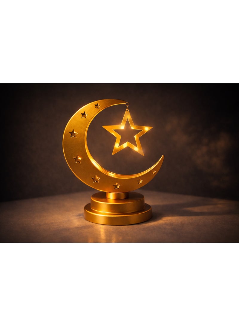 Home Care مصباح طاولة هلال ونجمة ذهبية معدنية مزخرفة لرمضان والعيد - Image 2